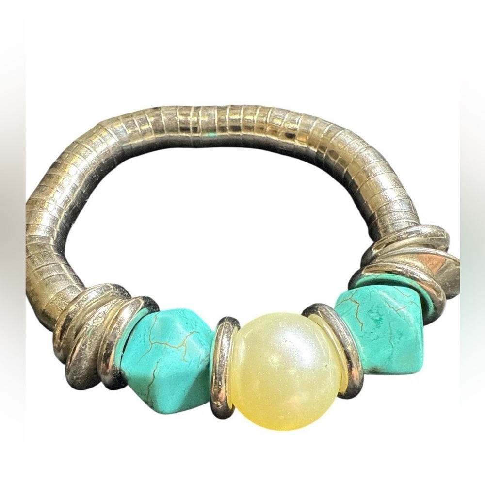 Turquoise & Pearl Mixed Metal Stretch Bracelet Boho‎ Southwestern Style Jewelry